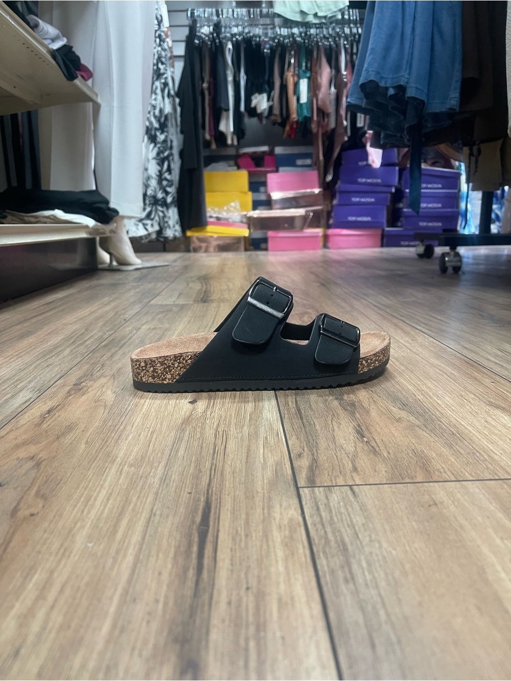 Black Double Buckle Cork Footbed Slide